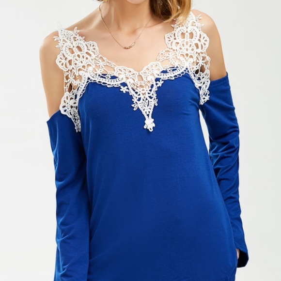 Cold Shoulder Blue Flare Sleeves Embroidered Top - Picture 2 of 6